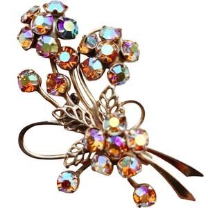 VTG Mid Century Gold Tone Aurora Borealis Rhinestone Floral Brooch Pin 50s 60s